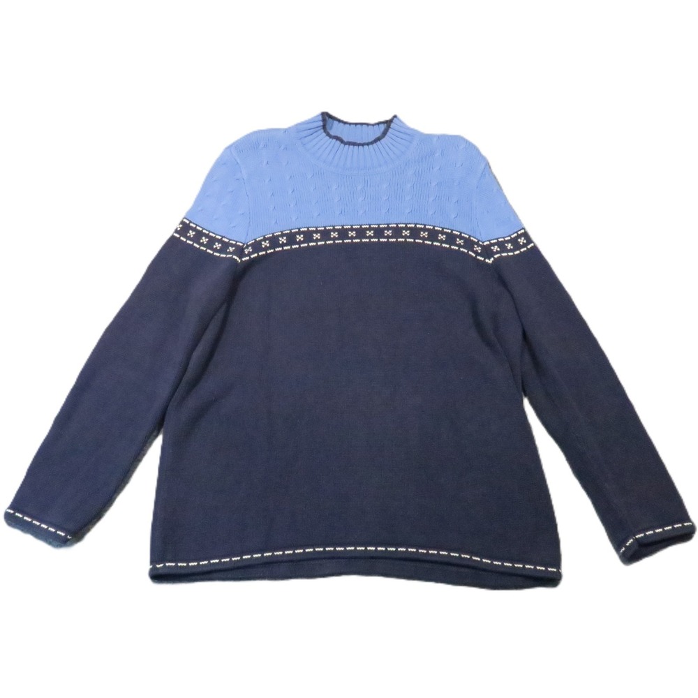 CJ Banks Mock Neck Sweater XL Navy Colorblock Birdseye Knit Vintage Cabin Winter